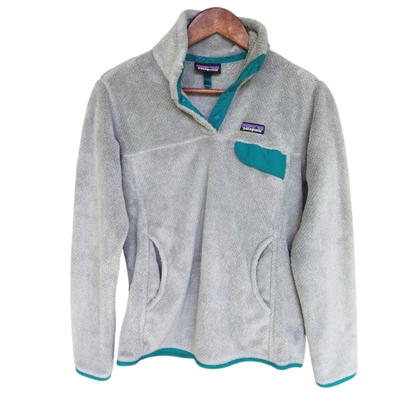 Patagonia Re-Tool Quarter Snap Teal and Gray Fuzzy Fleece Jacket/Pullover - Picture 2 of 6